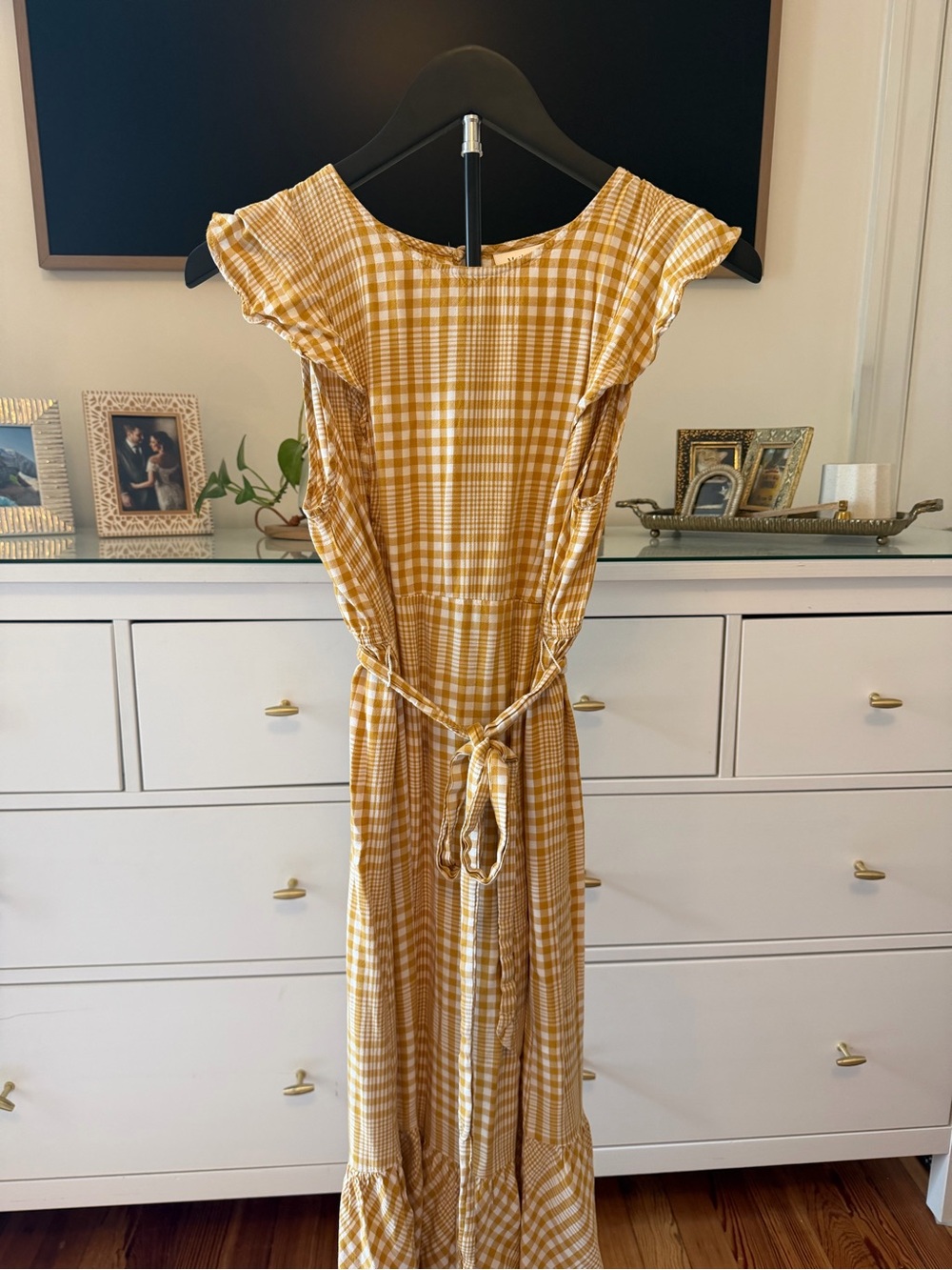 Motherhood Mustard Plaid Maxi Dress with Tie Waist